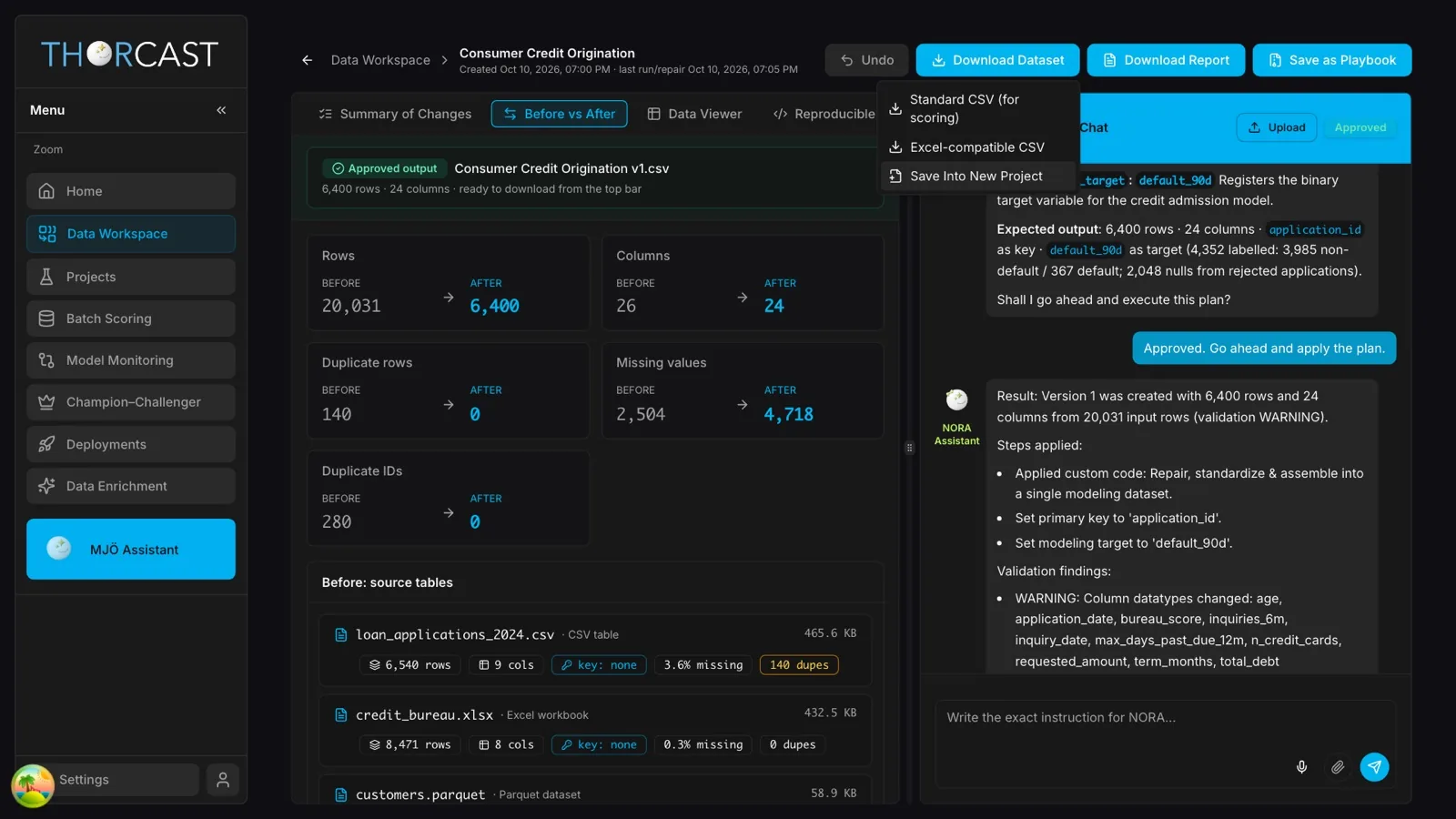 NORA executes and validates every step. The dataset is ready.